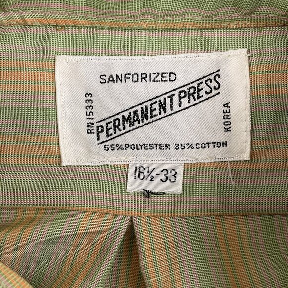 Unbranded Shirt Mens 16.5-33 Green Orange‎ Stripe Sanforized Permanent Press 70s - Picture 4 of 6